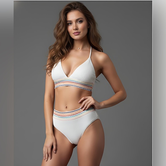 Ribbed Rainbow Halter 2pc Bikini Swimsuit Bathing Suit - Picture 3 of 7